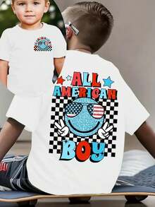 Camiseta de manga corta de moda para niños 'Día de la Independencia Americana' 'ALL AMERICA BOY' con elementos a cuadros y estampado de dibujos animados de doble cara, top casual para exteri - Verde militar - Ver 9