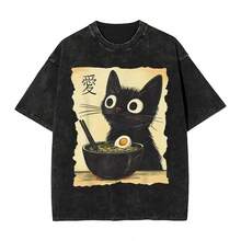 Camiseta de ramen japonés con diseño de gato para hombre y mujer, divertida camiseta con gráfico de gato negro comiendo fideos, top vintage lavado para verano. - Negro - Ver 2