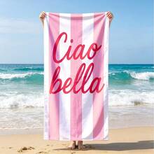 1件義大利「Ciao Bella」標語粉色與白色條紋沙灘巾、浴巾、沙灘毯，沉浸式海灘體驗，適合禮品、旅行與派對裝飾 - 彩色 - 查看 13