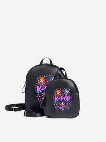 1pc Girls Cute Classic Backpack K-Pop Witch Girl Group Print Backpack, Rainbow Backpack, Shoulder Bag, Heart-Shaped Wallet, Adjustable Shoulder Strap Design, Valentine's Day Gift, Suitable For Daily, Outdoor, School, Travel, Hiking, Portable Use, Lightweight Casual, Ideal Gift Choice - Black - View 4