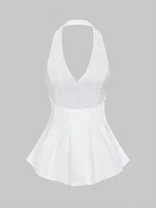 QUNGIGU Top de alças femininas casual com decote halter, roupa de verão elegante sem mangas com botões, adequada para saídas, encontros e uso diário - Branco - Ver 8