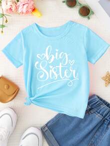 Simple, Comfortable And Sweet T-Shirt For Girls With A "Big Sister" Letter Print. - 藍色 - 查看 3