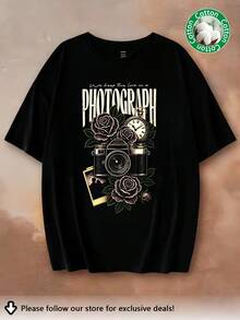 Photograph Rose Vintage Art Fan T-Shirt, Unisex Damen Herren 100% Baumwolle Lässiges Kurzarm-Shirt, Retro Kamera Gothic Floral Grafik-Print Oberteil - Schwarz - Übersicht 1