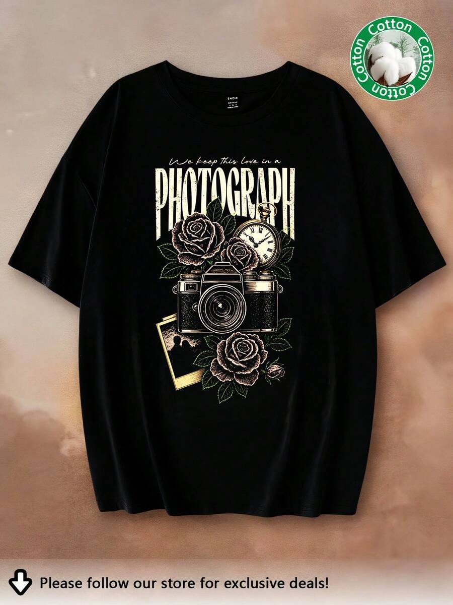 Photograph Rose Vintage Art Fan T-Shirt, Unisex Damen Herren 100% Baumwolle Lässiges Kurzarm-Shirt, Retro Kamera Gothic Floral Grafik-Print Oberteil - Schwarz - Übersicht 1