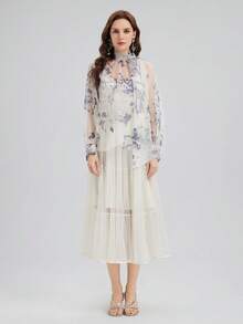 Rich Radi Q's Women's Semi-Sheer Printed High Neck Tie Blouse, Elegant And Fashionable, Suitable For Spring And Summer Wear - White - View 4