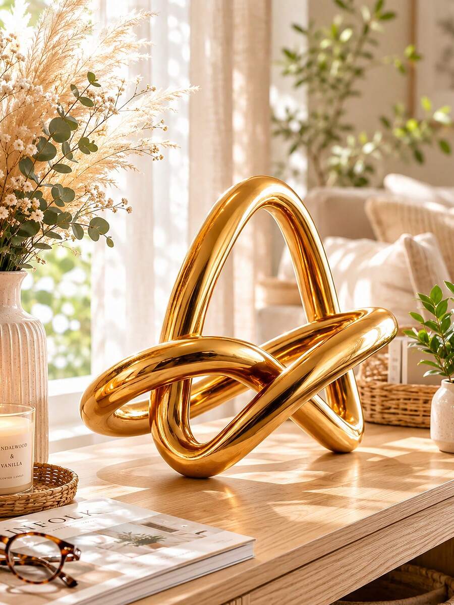 Gold Knot Statue Decor, Modern Geometric Sculpture, Abstract Round Figurine, Luxury Home Decor Accent, Coffee Table Decor, Bookshelf Decor, Shelf Styling, Living Room Decoration, Office Desk Ornament, Contemporary Art Sculpture, Housewarming Gift - 1PC - View 1