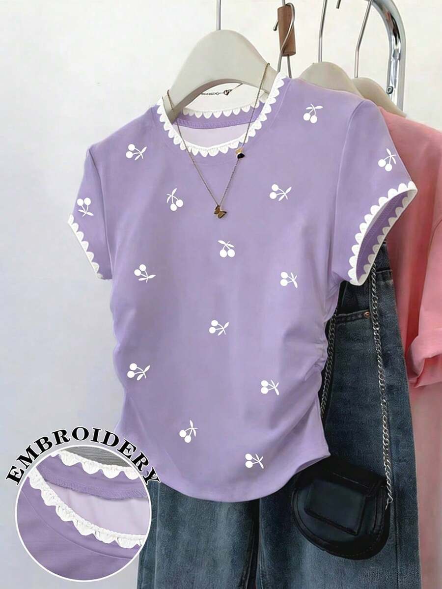 Resyla Versatile Short Sleeve Blouse With Gathered Waist, All-Over Cherry Print, For Summer - Purple - View 1