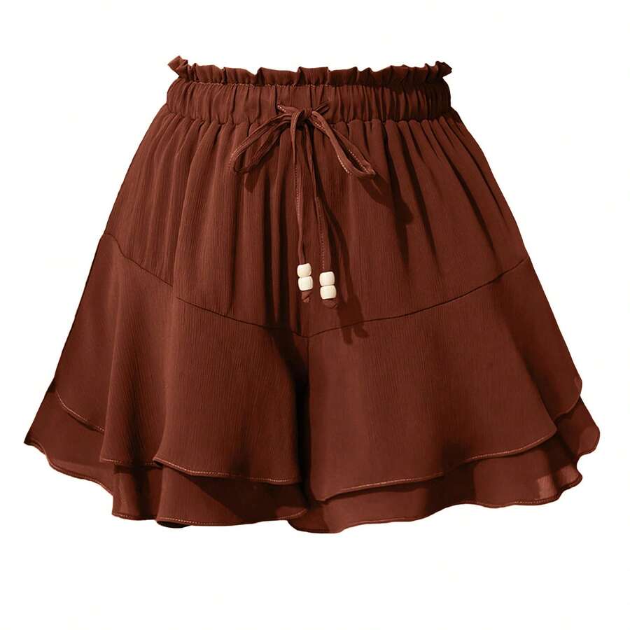 Double-Layer Culottes With Ruffles, Elastic Waistband And Adjustable Drawstring: A Casual And Sporty Design Intended To Prevent Accidental Exposure. - 紅色 - 查看 1