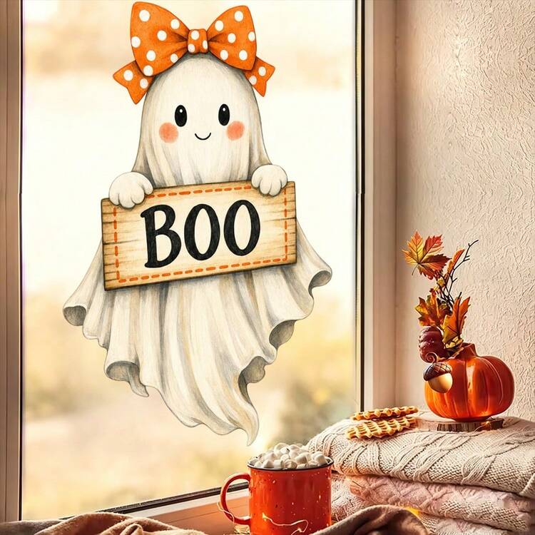 1/2pcs Halloween Cute Ghost Static Window Clings, With BOO Sign And Pumpkin, Reusable No Glue Removable Static Glass Decals, Suitable For Home Store Doors And Windows Autumn Holiday Decoration - Ghost Window Stickers - View 1