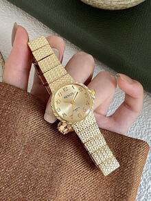 1件女款不鏽鋼錶帶手錶，經典方形設計，優雅石英手錶，適合日常配戴、商務場合與派對 - 金色 - 查看 2