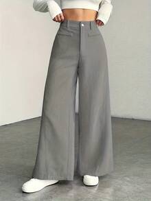 Pantalones de Mujer de Cintura Alta y Pierna Ancha - Textura de Pana, Pantalones Casuales, Cómodos para Todas las Estaciones, Lavables a Máquina - Gris - Ver 1