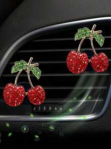 2/4pcs Rhinestone Cherry Car Air Vent Decor, Full Crystal Alloy Cherry Interior Decoration, Women's Car AC Outlet Ornament - Diamond - View 1