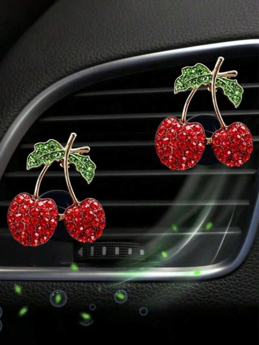 2/4pcs Rhinestone Cherry Car Air Vent Decor, Full Crystal Alloy Cherry Interior Decoration, Women's Car AC Outlet Ornament - Diamond - View 1