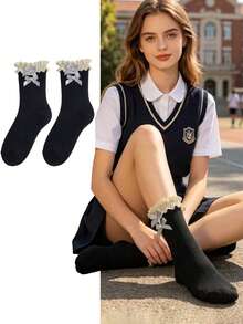 1 Pair Lace Trim Bow Jacquard Mid-Calf Socks, Sweet Girl Style Versatile Slouch Socks, All Season, With Ruffle Edge - Multicolor - View 1