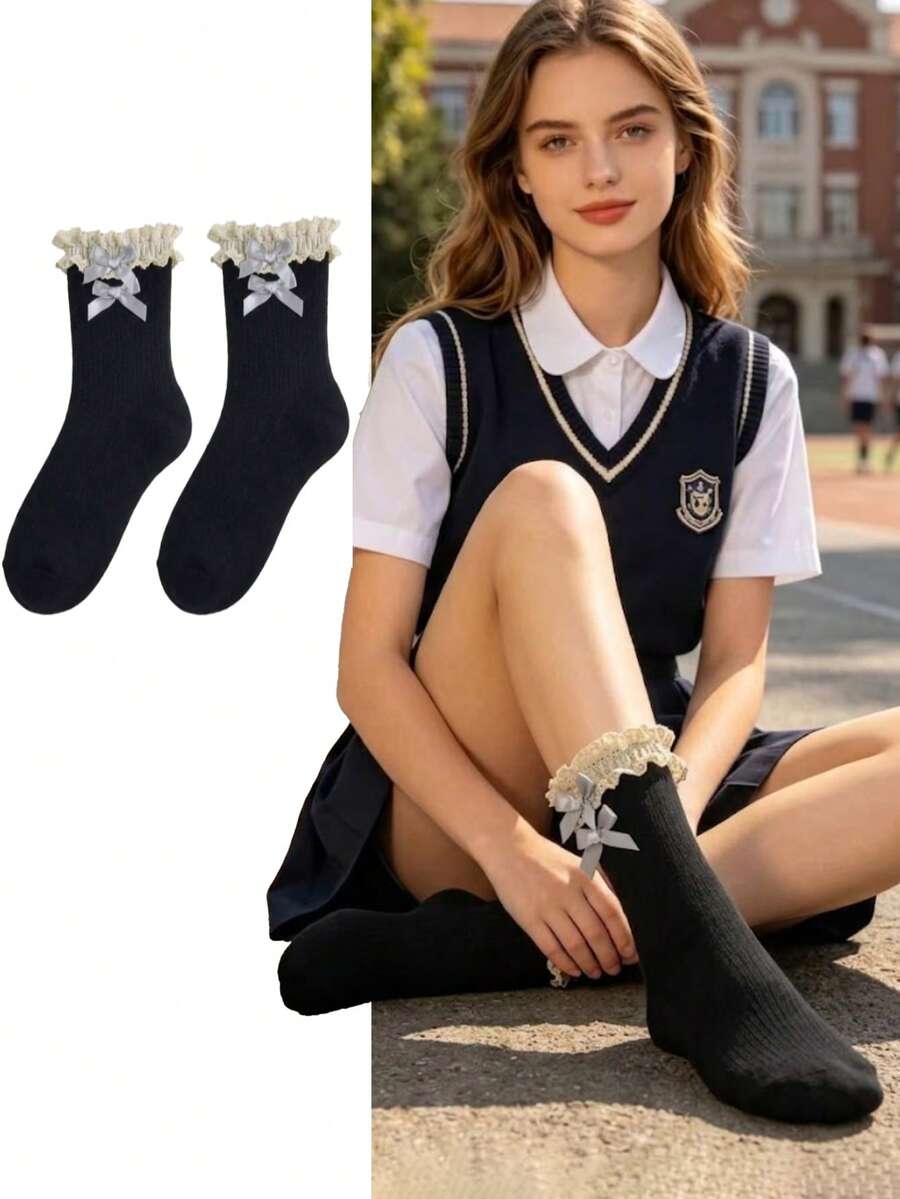 1 Pair Lace Trim Bow Jacquard Mid-Calf Socks, Sweet Girl Style Versatile Slouch Socks, All Season, With Ruffle Edge - Multicolor - View 1