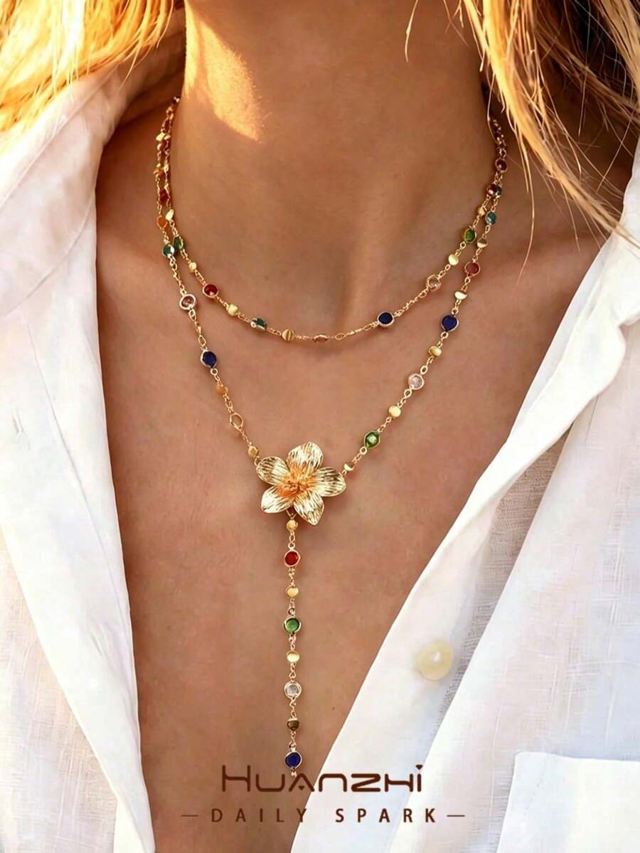 1 Two-Piece Set Of Double-Layer Y-Shaped Necklaces With Colorful Natural Stones In A Bohemian Style, A Versatile Accessory For Everyday Wear And Beach Vacations, With Color Combinations - Multicolor - View 1