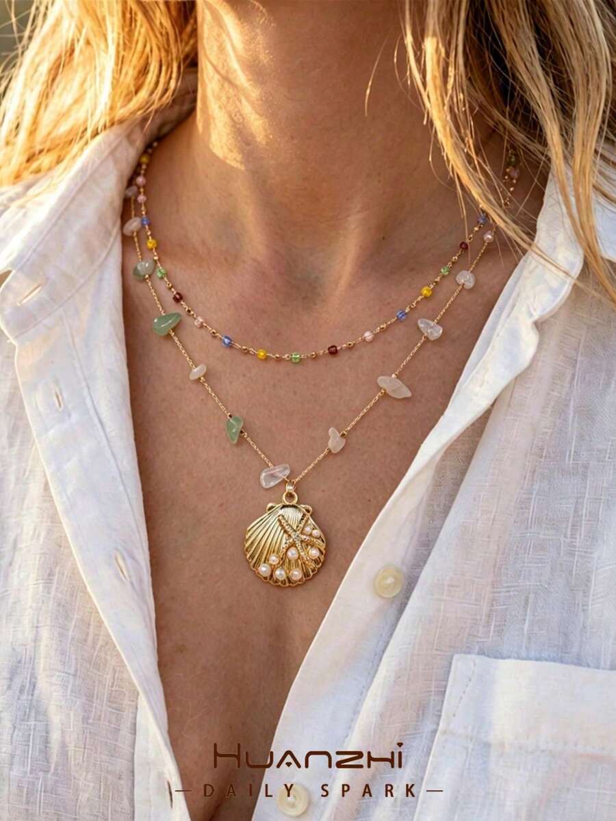 1 Two-Piece Set Of Double-Layer Y-Shaped Necklaces With Colorful Natural Stones In A Bohemian Style, A Versatile Accessory For Everyday Wear And Beach Vacations, With Color Combinations - Multicolor 4 - View 1