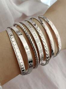 Set Of 5 Open Bracelets, Vintage Style, Geometric Design, Stackable, Multi-Layer, Adjustable Rigid Bracelets For Women, Fashion Accessory Ideal For Daily Wear, Parties And Gifts - Silver - View 1