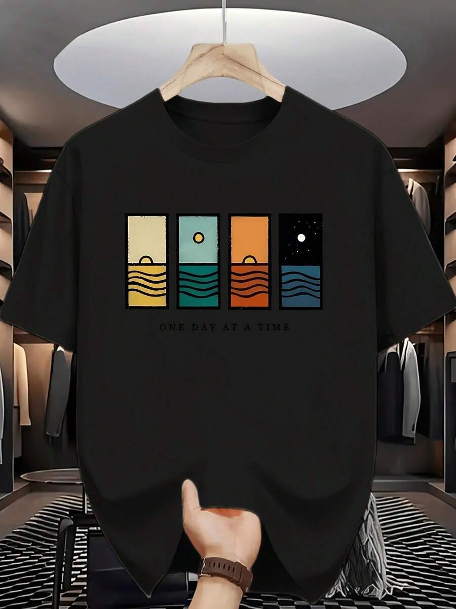 Unisex Casual Printed T-Shirt (Sunrise Horizon Art) - Black, Short-Sleeved, Crew Neck, Summer Essential, Relaxed Fit. | T-Shirt With Inspirational Quote | Comfortable For Everyday Wear - 黑色 - 查看 1