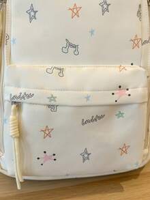 Star & Musical Note Print Backpack, Cream White Girly Style School Bag, Large Capacity Student Commuter Backpack - White - View 8
