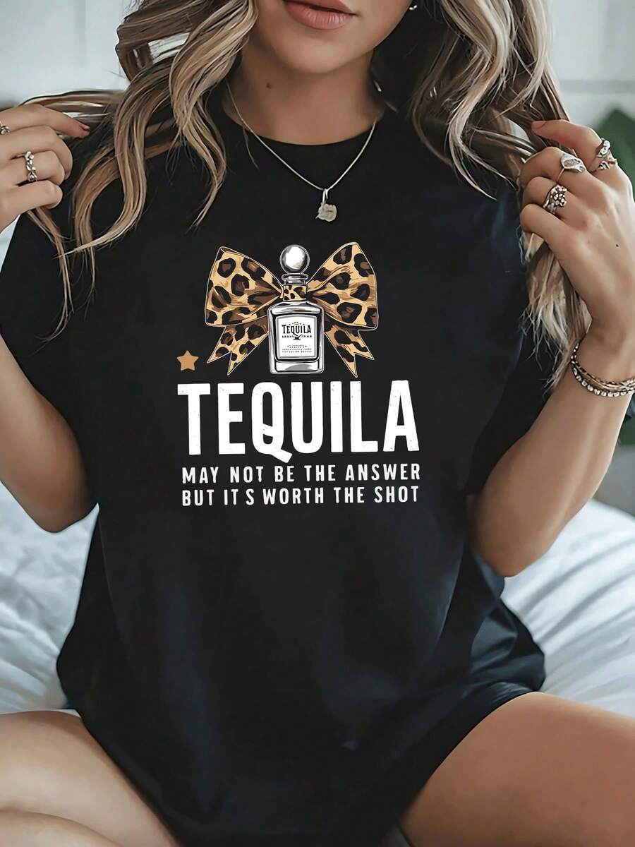 Camiseta Gráfica Tequila Leopard para Mujer, Divertida, Estampada, de Algodón, Blusas Cómodas para Dama Casual - Negro - Ver 1