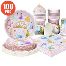 Set Peralatan Makan Pesta Ulang Tahun Putri 100/55/25/10pcs, Piring Kertas Sekali Pakai 7/9 Inci Tema Putri untuk Dekorasi Pesta Ulang Tahun, Gelas Kertas Sekali Pakai dan Serbet, Cocok untuk Pesta, Set Peralatan Makan Dongeng Manis, Piring Dessert, Serbet, dan Gelas. - MultiWarna - View 1