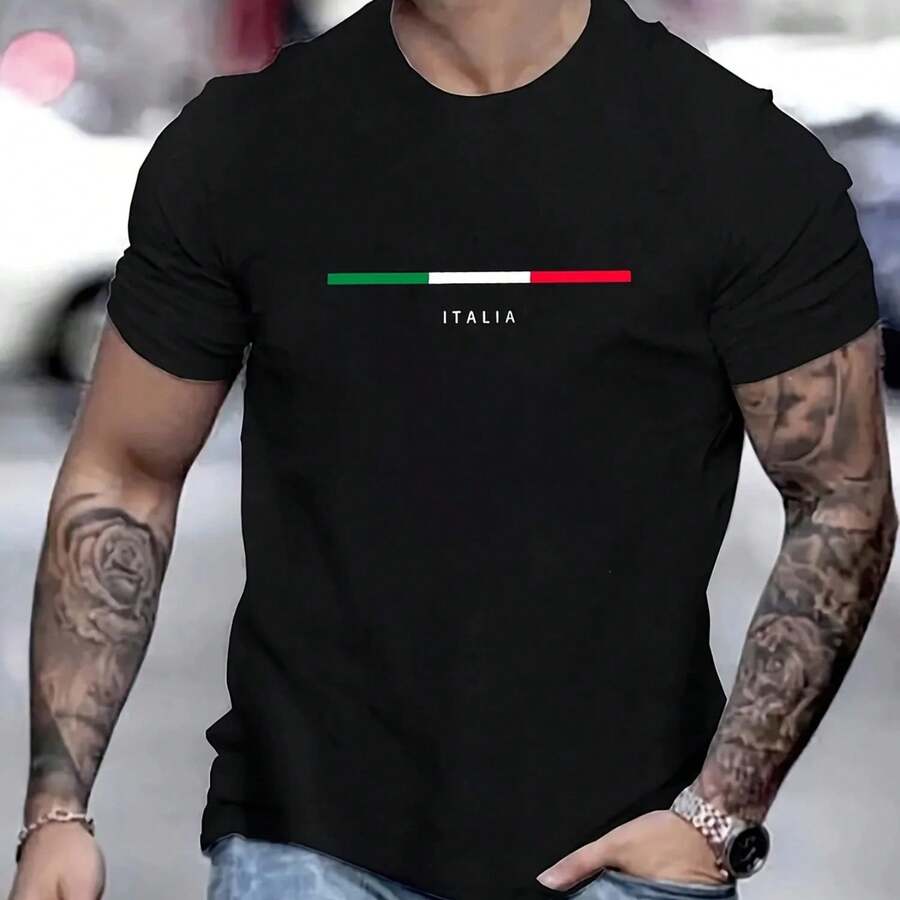 Summer 's 100% pure cotton casual sports loose oversized ITALIA letter printed comfortable round neck short sved T-shirt - Negro - Ver 1
