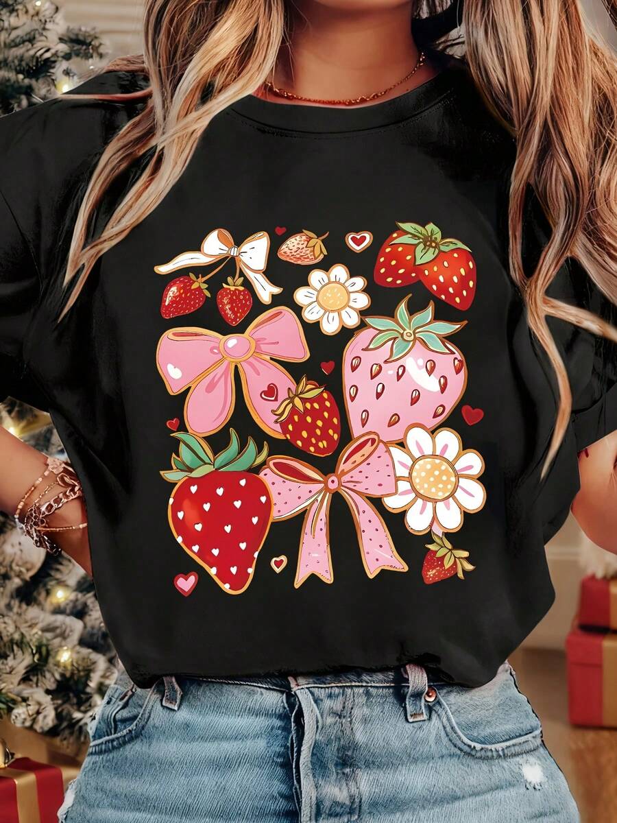 2026 Fashionable Elegant Clothing For Women, New Style: Women's Round Neck T-Shirt With Design Elements, Feminine Heart Motifs, Strawberry Print And Bows, M T-Shirt - 黑色 - 查看 1