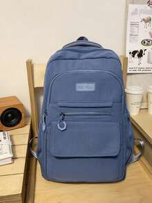 Mochila minimalista blanca crema para estudiantes, mochila de nylon suave con múltiples bolsillos y etiqueta de parche de cuero para la escuela & el transporte diario - Multicolor - Ver 10