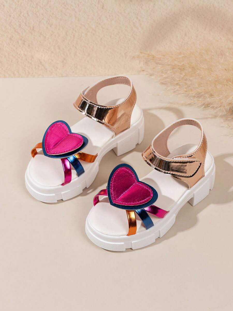 1 Pair Girls' Open Toe Roman Sandals, Front Decorated With Contrast Color Patchwork Double Layer Heart, Suitable For Outdoor Activities, Beach And Seaside Play - Red Violet - View 1