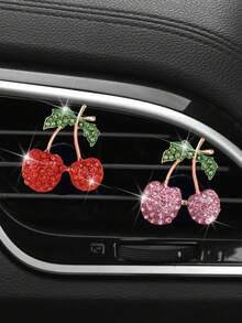2/4pcs Rhinestone Cherry Car Air Vent Decor, Full Crystal Alloy Cherry Interior Decoration, Women's Car AC Outlet Ornament - Diamond - View 2