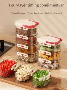 1pc 4-Layer Stackable Airtight Seasoning Storage Container, Transparent, Snap Lock, Leak-Proof Organizer Box With Handle, Multifunctional Spice Storage Box For Ginger, Garlic, Peppercorns, Seasonings, Refrigerator Storage - Multicolor - View 2