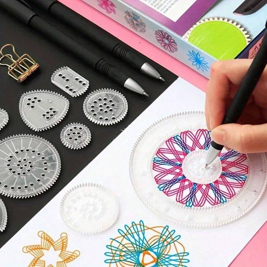 Spiral Art Gear Geometric Ruler Circle Template For Drawing Plastic Template Ruler Drawing Kit Spiral Curve Stencils With Pens Paper For DIY Art Crafts Sketch Drawing Art Toy Students Geometric Spiral Stationery Tool Spirograph Ruler - Sets - View 1
