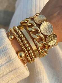 Set Of 5 Open Bracelets, Vintage Style, Geometric Design, Stackable, Multi-Layer, Adjustable Rigid Bracelets For Women, Fashion Accessory Ideal For Daily Wear, Parties And Gifts - Dorado 4 - View 1