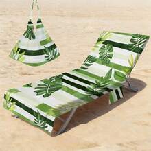 1pc Tropical Leaf Pattern Microfiber Beach Chair Cover With Pocket, Lightweight And Breathable, Ideal For Travel And Beach Vacation, Poolside Essential | Summer Style Cover | Portable Beach Cover, Beach Towel - Multicolor - View 5