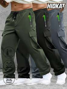 Hidkat Men's Solid Color Cargo Pants With Pockets, Elastic Waist, Drawstring, Zipper Pockets, Casual Sports Wear - Army Green - View 1