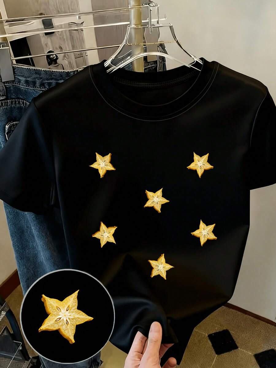 Playera Y2K casual verano mujerCamiseta casual para mujer, exquisita camiseta con estampado en forma de estrella - estilo Y2k, delicada, ideal para regalo, top casual de cuello redondo - tra - Negro - Ver 1