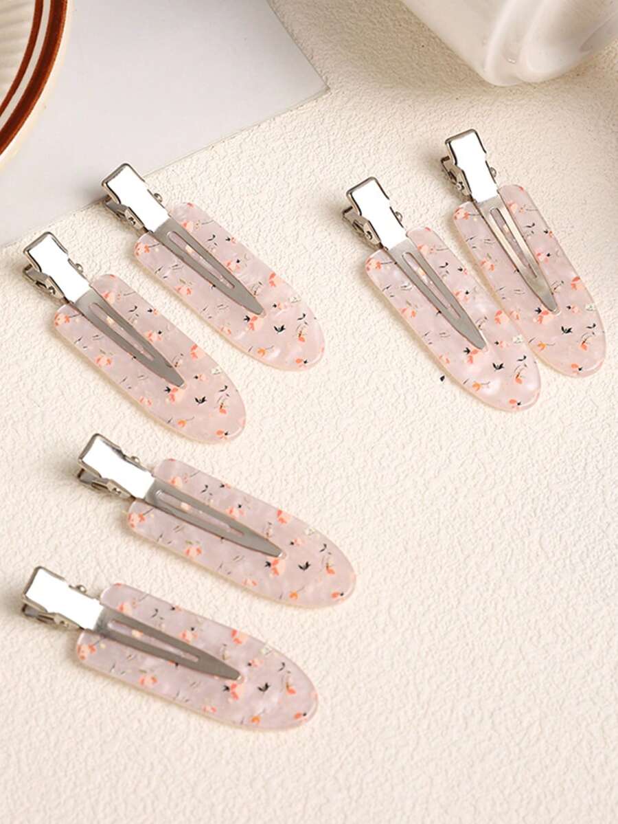 6件組時尚迷人夏季清新花卉無縫髮夾，女款前額側瀏海夾，化妝定位鴨嘴髮夾，可愛髮飾