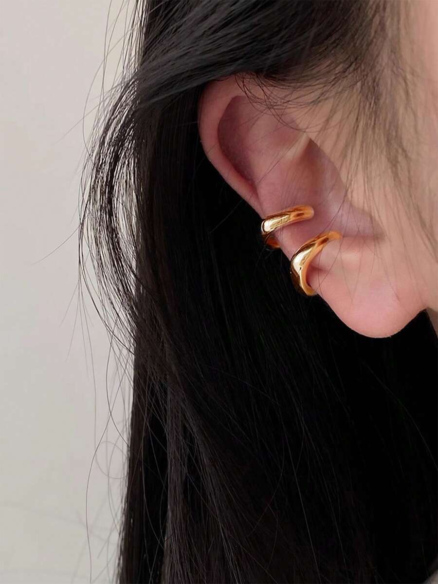 2 piezas de aros de oreja minimalistas en forma de U, lisos y básicos, para mujeres sin perforaciones en las orejas - Amarillo Oro - Ver 1