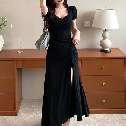 レディース ロングワンピース パーティードレス マキシ丈 黒 タイト 半袖 Vネック シャーリング スリット きれいめ セクシー キャバドレス お呼ばれ 二次会 デート 着痩せ 細見え 脚長効果 骨格ウェーブ 無地 春夏
