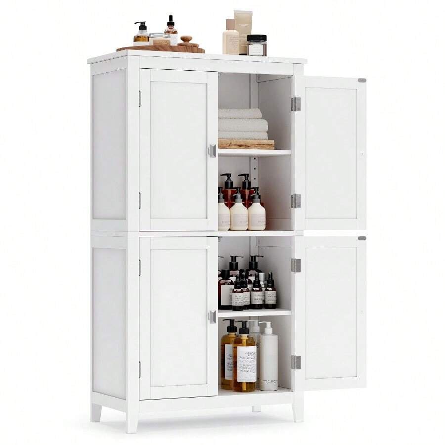 Bathroom Cabinet, Bathroom Cupboard, Kitchen Cabinet, With 4 Doors, Adjustable Shelves, 30 X 60 X 110 Cm, White MBBC552P31 - 卡其色 - 查看 1
