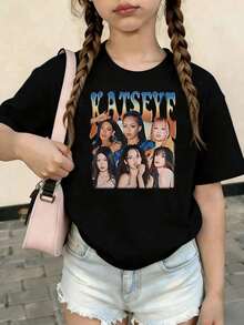 KATSEYE Printed Summer T-Shirts, Vintage Y2K Hip Hop Style, Short Sleeve T-Shirt, Summer Clothes For Girls, Toddler Girls' Clothes, Teen Clothes, Kids' Clothes - 黑與白 - 查看 1