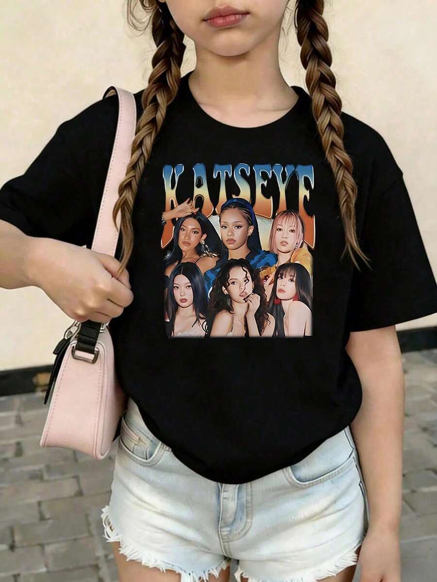 KATSEYE Printed Summer T-Shirts, Vintage Y2K Hip Hop Style, Short Sleeve T-Shirt, Summer Clothes For Girls, Toddler Girls' Clothes, Teen Clothes, Kids' Clothes - 黑與白 - 查看 1
