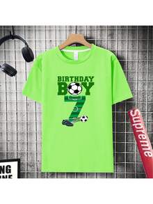Boy's Number 7 Birthday Party T-Shirt, Featuring A "Birthday Boy" Print In Green Lettering, A Casual Short-Sleeved Sporty Style With Stadium Numbers And A Soccer Ball Design. - 酒紅色 - 查看 4