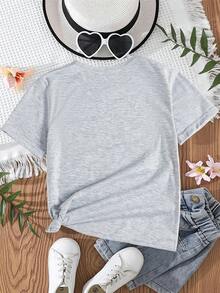 Girls' Round Neck T-Shirt With Letter And Flower Print "All My Hope Is In Jesus", Sweet And Versatile. - Grey - View 3