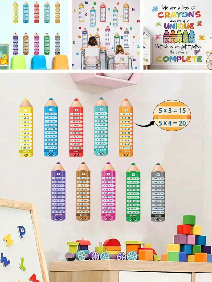 1/2 Sheets Kids Room Wall Stickers Self-Adhesive Pencil Shape Multiplication Table For Back To School Classroom Nursery Decor - Multicolor - View 1