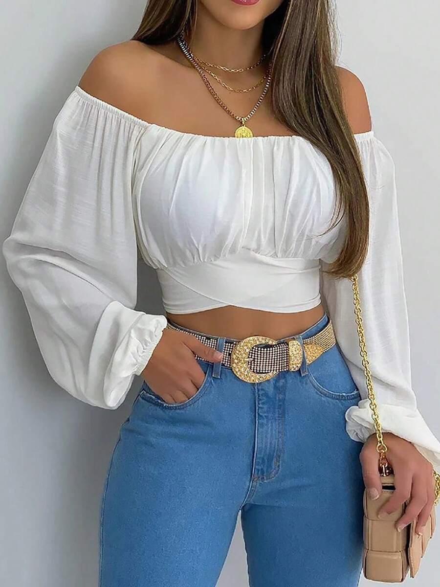Elegant Women's Blouse With Bohemian Print, Short Loose Lantern Sleeves, Off-Shoulder, For Summer - 白色 - 查看 1