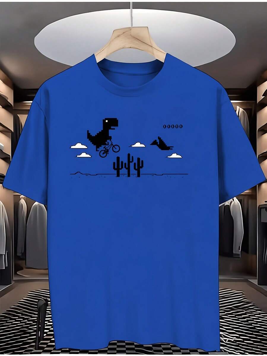 Summer Short Sleeve T-Shirt With Round Neck And Dinosaur Riding Cactus Print In The Desert Night, Suitable For Video Game Enthusiasts, Breathable Fiber, Washable - Blue - View 1