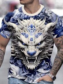 Men's Short-Sleeved T-Shirt, Size, With 3D Digital Dragon Print, Round Neck, Loose Fit, Casual, For Summer. - Hitam dan Putih - View 10