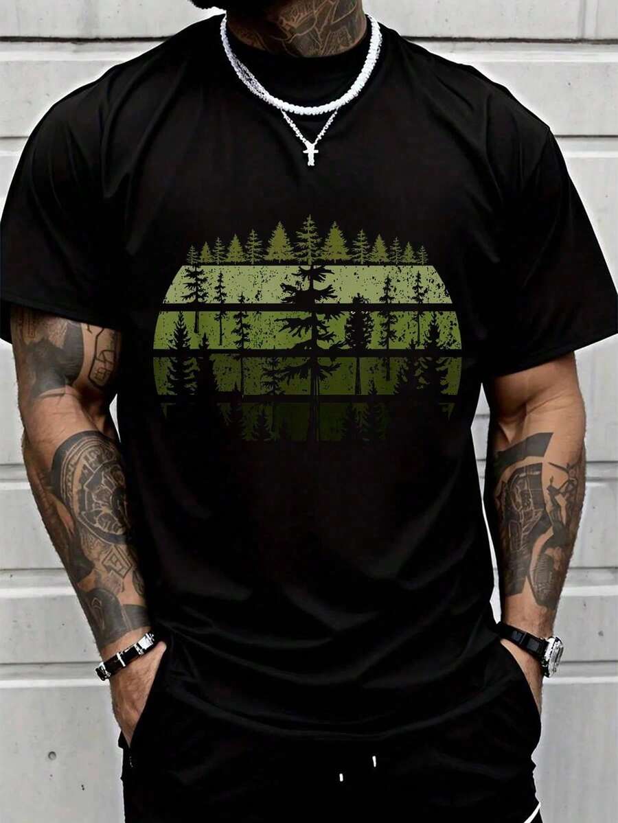 100%  Retro Wildlife Trees Outdoors Nature Forest Vintage T-Shirt Street Hip-Hop Style Men's T-Shirt - Negro - Ver 1